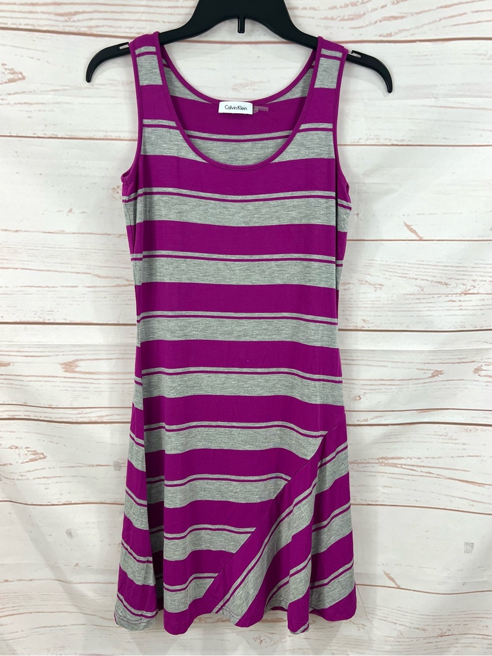 Calvin Klein Magenta Grey Asymmetrical Striped Casual Stretch Jersey Tank Dress